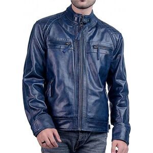 Men's Blue Bomber Leather Jacket - Classic Zip Front